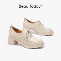 Beautoday Oxfords ปั๊มผู้หญิงรอบ Toe Lace Up Hoof Heel Retro ของแท้หนังสบายๆกลางแจ้งหญิงรองเท้า Handmade 21649