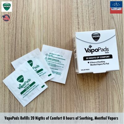 Vicks® VapoPads Refills 20 Nigths of Comfort 8 hours of Soothing, Menthol Vapors แผ่นรีฟิลวิคส์ 20 แผ่น สำหรับเครื่องเครื่องทำไอระเหย แก้หวัด คัดจมูก