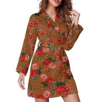 【LZ】□✵  Robe floral de pijama leopardo estampa flores vermelhas mangas compridas roupão casual de pijama solto roupão quente com gola V vestido personalizado primavera