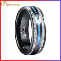 BONLAVIE 8mm Tungsten Carbide Ring Hawaiian Koa Wood + Imitation meteorite Inlay Mens Black Wedding Ring High Polished Waterproof Anti-Scratch Comfort Fit Size 7-12