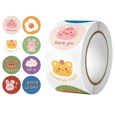 100-500Pcs Round Cartoon Animals Thank You Stickers Cute Bear Teachers Reward Handmade Sealing Stickers Stickers Labels