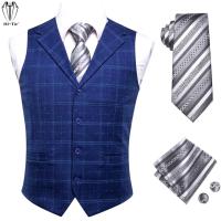 Hi-Tie Luxury Silk Mens Suit Vests Blue Plaids Waistcoat Men Vest Gold Blue Grey Necktie Hanky Cufflinks Set for Dress Suit Gift