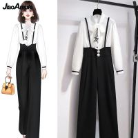 2021 Autumn Fashion White Shirt Black Overalls Pants Suit Korean Elegant Bow Blouse High Waist Suspenders Trousers Two-piece Set