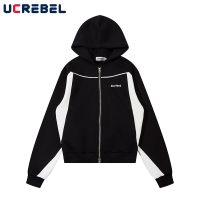 Spliced Zipper Cardigan Hooded Sweatshirts Mens Streetwear Contrast Casual Sweatshirts Outerwear Men