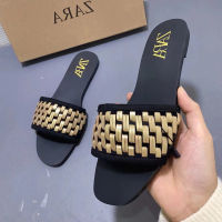 ZARAˉ Spanish foreign trade shoes 2022 summer new golden woven flat slippers shoes womens beach sandals