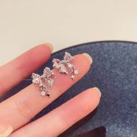 Kpop Bowknot Pink Crystal Stud Earrings for Women Fashion Korean Silver Color Zircon Personality Earring Girl Party Y2K Jewelry