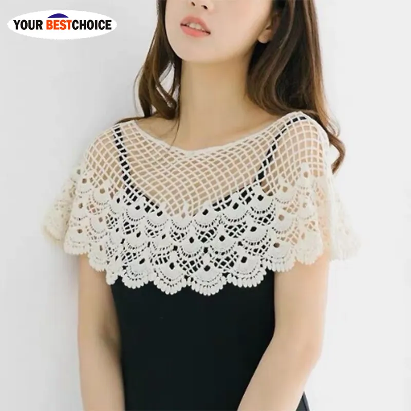 Women Vintage Crochet Knit Cape Lace Short Hollow out Shawls Shrug Poncho  with Button Closure Decoration New