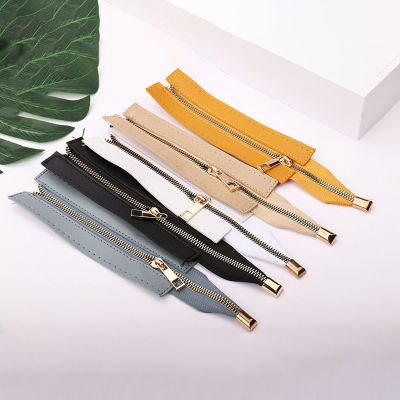 Magnetic Snap Closure Woven Cord Zipper Pull Embossed Zipper Head Faux Leather Bag Accessories Metal Teeth Zipper Chain
