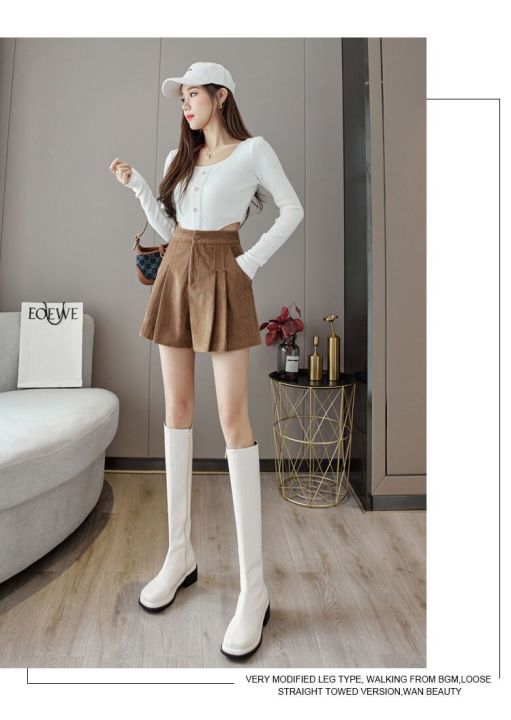corduroy-กางเกงขาสั้นผู้หญิงฤดูใบไม้ร่วงใหม่เกาหลีแฟชั่น-lady-สูงเอวสั้นกางเกง-plus-ขนาดจีบสุภาพสตรีกระโปรง-pant