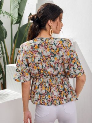 ‘；’ Spring Autumn V Neck Chiffon Floral Short Sleeve Crop Top Women Summer Casual T Shirt Basic Leisure Short Sleeve Tops