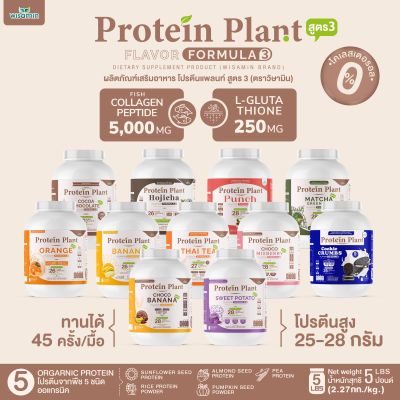 Protein Plant โปรตีนแพลนท์ สูตร 3 ((มี 11 รสชาติ)) ขนาด 2.27 kg./กระปุก (5 ปอนด์ 5LBS) ทานได้ 45 ครั้ง โปรตีนพืช 5 ชนิด คอลลาเจนเปปไทด์ แอลกลูต้าไธน