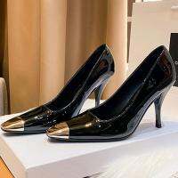 rose ysI*high heels 2022 autumn small square metal iron toe black stiletto womens patent leather shallow mouth single