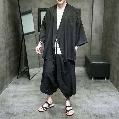 M-5XL บวก Saiz Lelaki เสื้อคาร์ดิแกน Kimono Lelaki dengan Seluar Salib Dua Keping ชุด Warna Musim Panas Streetwear Pakaian A Jepun