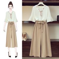 COD DSFERTGERRYYY 2020 new women chiffon two piece sets summer white blouse shirts and long pants outfits ladies elegant office set