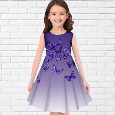 〖jeansame dress〗2022ฤดูร้อนสาว3D พิมพ์ชุดเด็กสาวพรรคแขนกุดชุดเจ้าหญิงถัง3D พิมพ์ไล่โทนสีสวยชุดผีเสื้อ