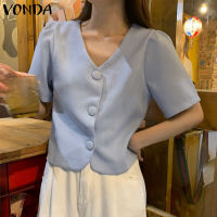 VONDA เสื้อ Kemeja Lengan Pendek คอวีทรงหลวมปุ่มทึบแฟชั่นของผู้หญิงลง (ลำลองเกาหลี)