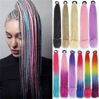 ELEGANT MUSES 24" Long Kid Box Braided Ponytail With Elastic Rubber Band Hair Extensions Ombre Rainbow Colored Kids Box Wig Wig  Hair Extensions  Pads