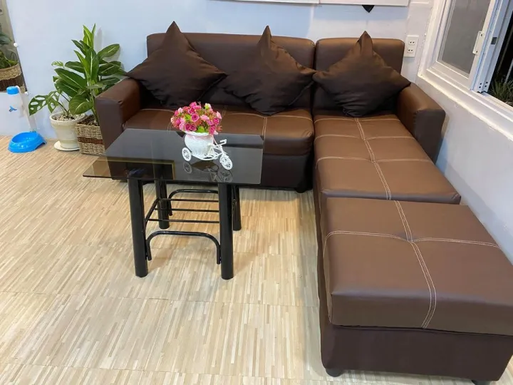 SALA SET L SAHPE BROWN LEATHER WITH CENTER GLASS TABLE Lazada PH