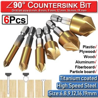 รูสกรูตัด5ร่องเจาะซิงค์เคาน์เตอร์บิตงานไม้6ชิ้น Hex 6-19Mm Countersink เครื่องมือบิต1/4 "Chamfer Hex