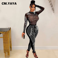 Cm.yaya ผู้หญิงเพชร Rhinestones ร้อนลายตาข่าย See Though Patchwork แขนยาว Jumpsuit 2023 Party Playsuit Set