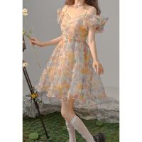 COD Hot Sale / 22427Floral Square Neck Puff Sleeve Dress Womens New Small Fairy Sling Small Fresh Love Short Skirt