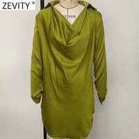 ZEVITY Women High Street Swinging Collar Solid Satin Straight Mini Dress Female Chic Side Pleated Design Casual Vestidos DS9123