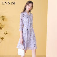 EVNISI French Printed Floral Chiffon Dress Women Spring 2022 Purple Scarf Collar Dresses A-line Casual Daily Vestidos