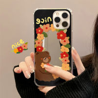 Apple เคสมือถือ iPhone 14/13/12/11/X/x/xr ลายหมีกระจกเคสโทรศัพท์มือถือ13 Pro Max เคสโทรศัพท์มือถือซิลิโคน14 Plus พร้อมกระจกแต่งหน้าเคสป้องกันโทรศัพท์มือถือ12 Mini ล้อมรอบป้องกันเคสนิ่มฤดูใบไม้ร่วง