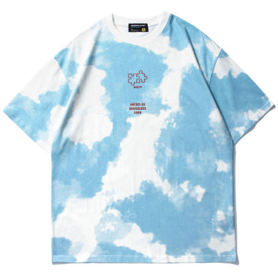Mens T-shirt Blue Sky Pattern Tie-dye Printed Shortsleeve Hip Hop Oversize Cotton Casual Harajuku Streetwear Top Tee Tshirts