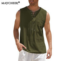 MAYCHEER เสื้อแขนกุดผู้ชายใหม่มีปกตั้งเสื้อสวมศีรษะผู้ชาย