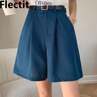 Flectit Women Long Shorts High Waist Wide Leg Pleated Bermuda Shorts Summer Casual Outfit Female