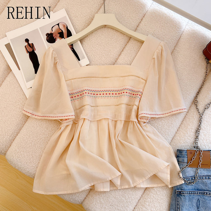 rehin-เสื้อเชิ๊ตผู้หญิง-เสื้อเชิ๊ตแขนพองคอสี่เหลี่ยมสไตล์ฝรั่งเศสเสื้ออินเทรนด์เสื้อชีฟองดีไซน์ใหม่สัมผัสไม่เหมือนใครสำหรับ2023ฤดูร้อน