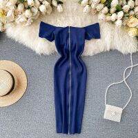 【Ladies shop】 Teeuiearzipper 2022 Sexyoff ไหล่ Bodycon ถัก ShortSummer Party Women Dress Sheath Nightdress