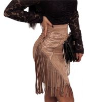 【CW】 Faux Suede Fringe Tassel Skirt Color Waist A line Patchwork Skirts Wrap Hip Bodycon Streetwear