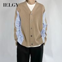 IELGY เสื้อคาร์ดิแกนแบบถักแบบเย็บสำหรับฤดูใบไม้ผลิและฤดูใบไม้ร่วงแขนยาวทรงหลวมไม่มีปกเสื้อนอก