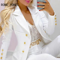 Women Solid Elegant button and pocket Notched Collar Skinny White Blazer Sets