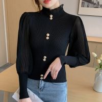 Autumn Winter Sweater Women Half-high Collar Pullover Tops Chiffon Stitching Long-sleeved Knitted shirt