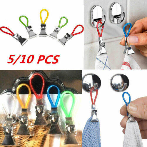 5pcs Tea Towel Hanging Clips Clip On Hooks Loops Hand Towel Hangers