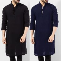 KALENMOS Muslim Men Casual Shirt Cotton Long Sleeve Stand Collar Shirts Vintage Long Tops Indian Clothes Pakistani Ropa S-5XL