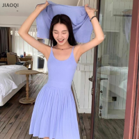 JIAOQI เดรสสั้นถักจีบสำหรับผู้หญิงเดรสสั้นคอกลมแขนกุดเซ็กซี่