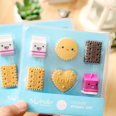 free shipping 10packs Cute stationery creative boxed milk biscuit eraser set school supplies stationery