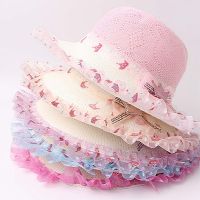 【CC】 Kid 52cm Hats Children Beach Weave Pompoms 2021 Hat UV Kids Big Brim Casquette Rolling