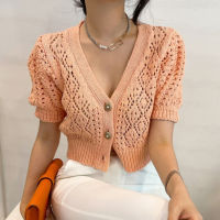 Korean Chic Summer Gentle Orange White V-Neck Chic Three Button Puff Sleeve Hollow Short Knit Sweater Women