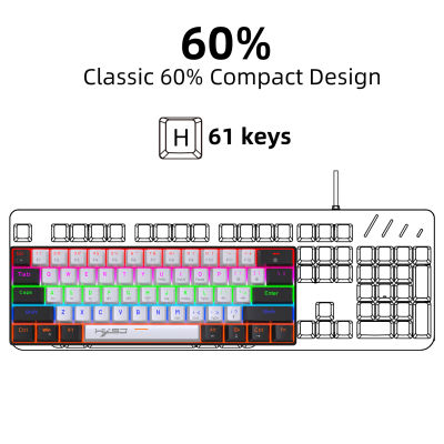 V900BW คีย์บอร์ดกลไกการเล่นเกมแบบมีสาย 61 คีย์ 60 แกนสีเขียวขนาดกะทัดรัดแสงเย็นจุดพกพา