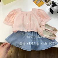 Spot parcel post Girls Summer Two-Piece Short-Sleeved Shirt Little Girl Square Collar Puff Sleeve + Denim Skirt Womens Treasure Suit Western Style