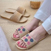 Suihyung 2023 New Embroidery Linen Slippers Women Men Home Floor Shoes Open Toe Female Flat Slides Ladies Indoor Flax Slippers