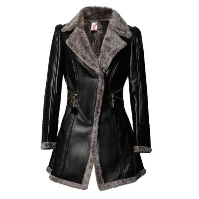 Loose Size Autumn Winter New Faux Leather Jacket Women Fleece Slim Long Ladies Coats PU Leather Coat Lapels Windbreaker Coat 3XL