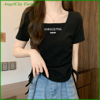 AngelCity เสื้อยืดพิมพ์ลายฤดูร้อนแฟชั่นร้านแฟชั่น AngelCity เสื้อครอปเสื้อแขนสั้นมีปกสี่เหลี่ยม