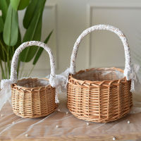 Lace Rattan Flower Basket Wedding Flower Girl Baskets Willow Handwoven with Handle Eggs Candy Basket for Home Garden Decor