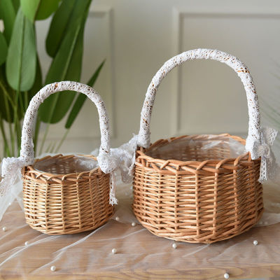 Lace Rattan Flower Basket Wedding Flower Girl Baskets Willow Handwoven with Handle Eggs Candy Basket for Home Garden Decor